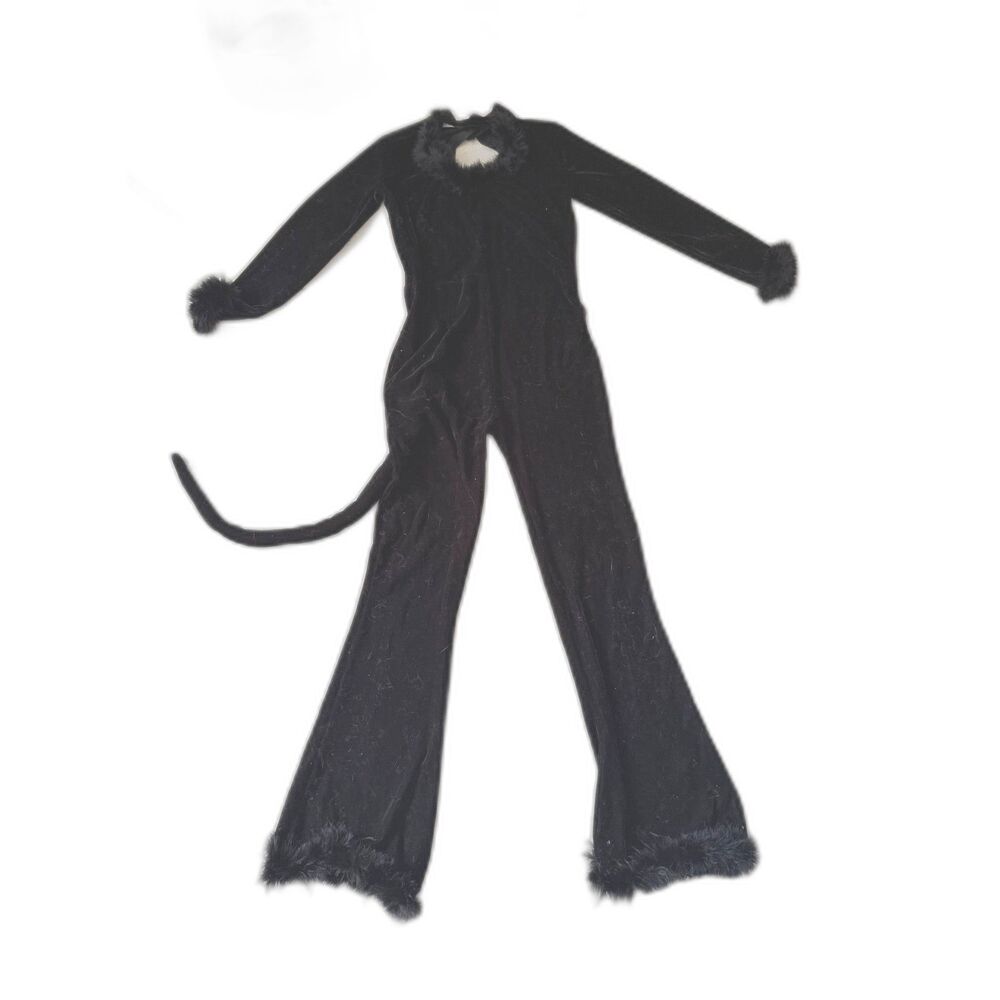 Black Velvet Cat Cosplay Jumpsuit with Fur Trim & Detachable Tail